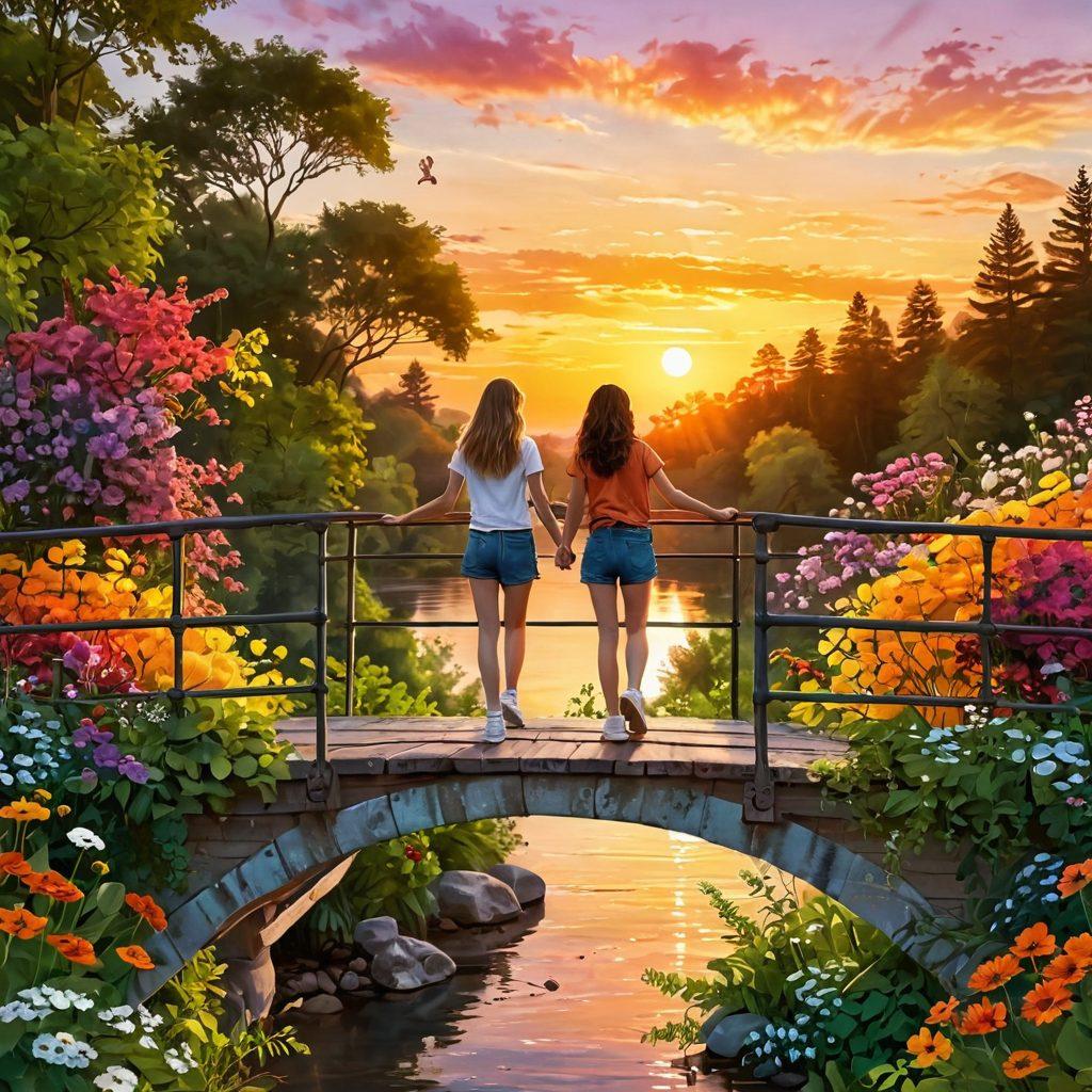 A whimsical illustration of two teenagers standing on a beautifully crafted bridge, symbolizing friendship and romance, surrounded by vibrant flowers and lush greenery. The scene captures the playful essence of adolescents, with one teen reaching out to hold the other's hand. In the background, a sunset casts warm hues, merging the themes of connection and growth. playful, colorful, vibrant colors.