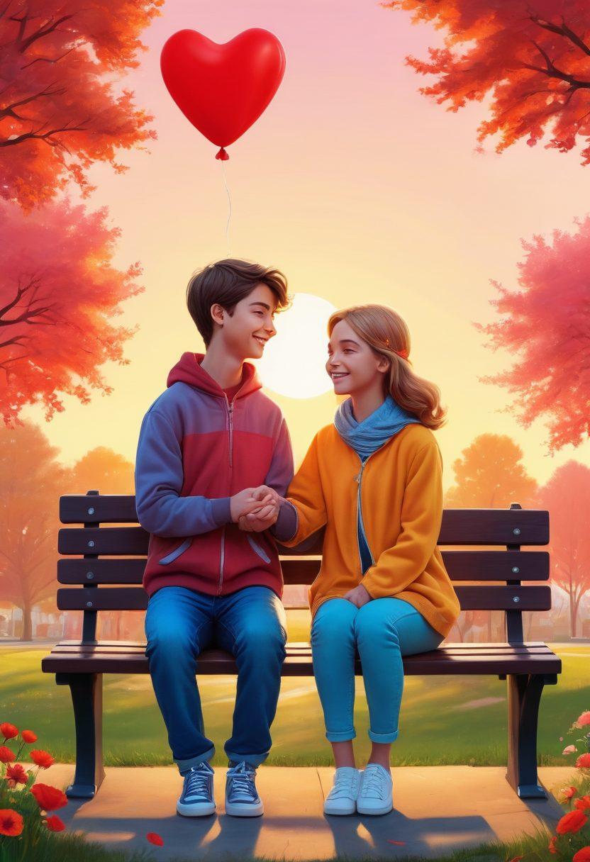 A whimsical illustration of two teenagers sitting on a park bench, shyly smiling at each other while holding hands. Surround them with heart-shaped balloons and blooming flowers, symbolizing young love and romance. Include a colorful sunset in the background to evoke warmth and hope. Add playful elements like a dog fetching a ball nearby to signify carefree youth. cartoon style. vibrant colors. cheerful atmosphere.